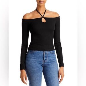 NEW Aqua Black Ribbed Off The Shoulders Long Sleeve Cropped Top XS MSRP $58